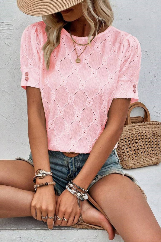 Embroidered Floral Geometric Short Sleeve Top