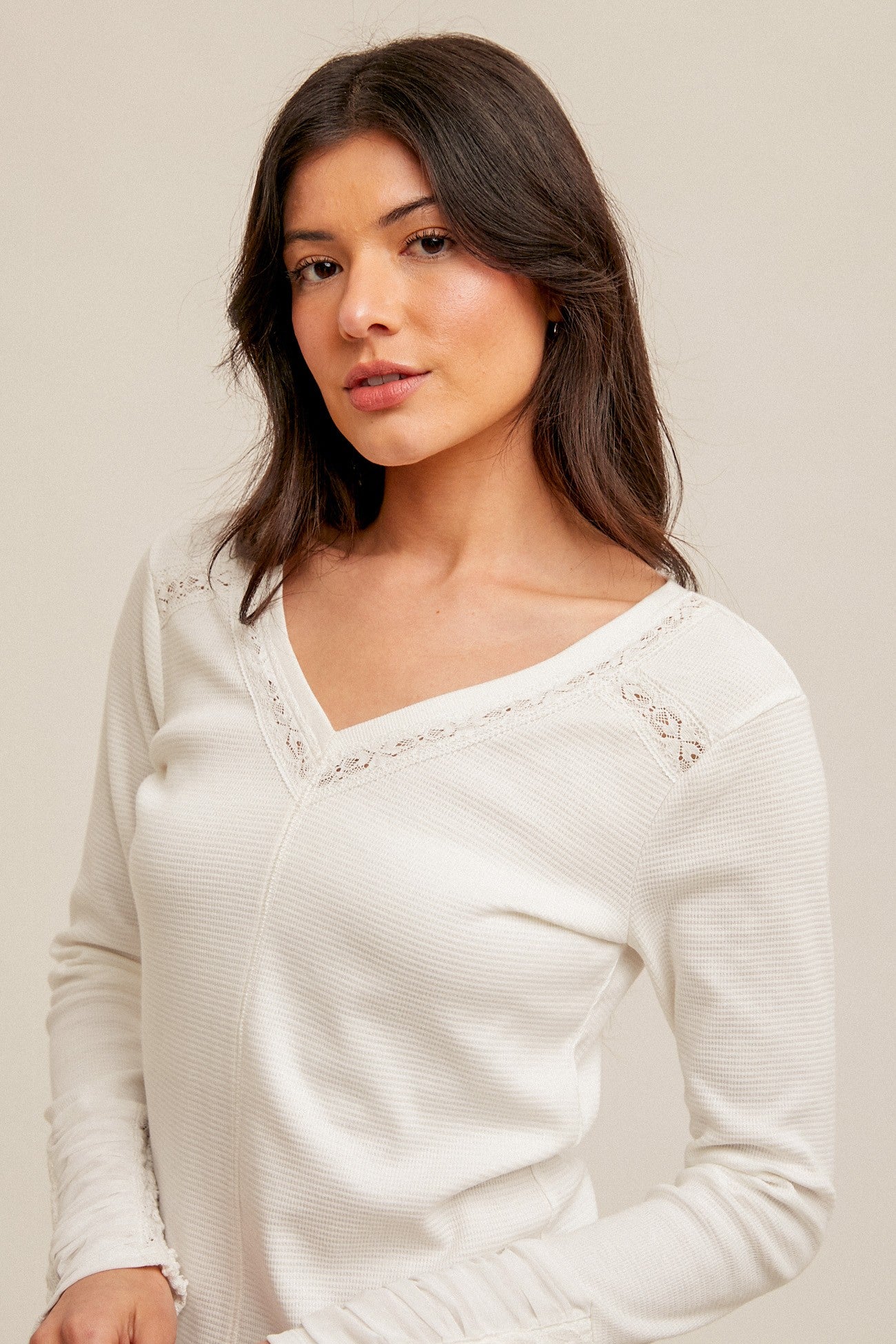 Rushed Mesh Sleeve V Neck Top