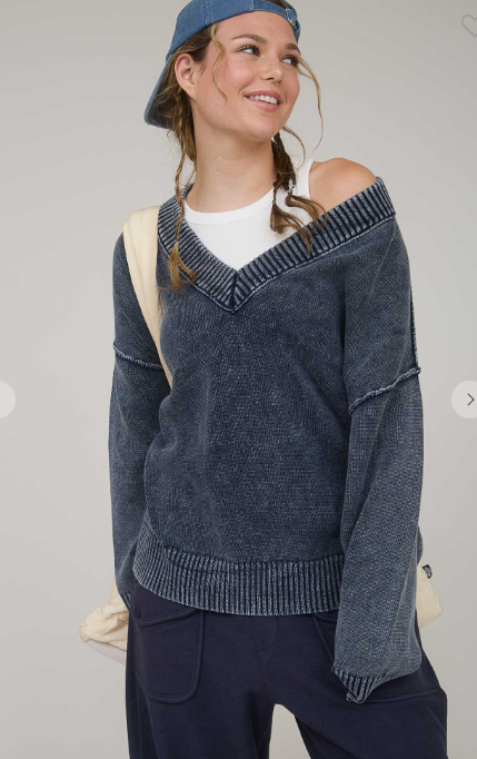 Washed V Neck Oversized Knit Sweater