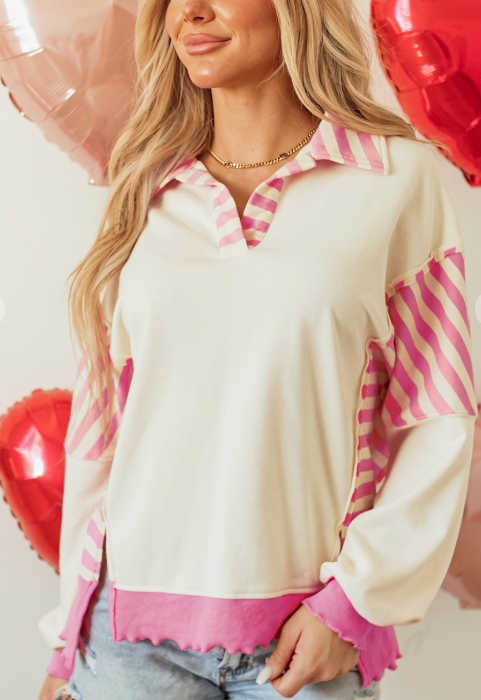 Striped Patchwork Collared Pullover