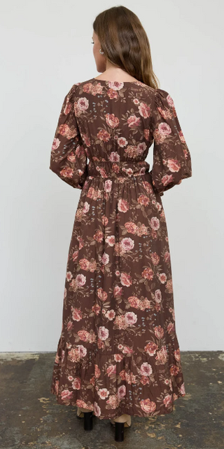 Blu Pepper Floral V-neck Long Sleeve Ruffle Trim Midi Dress