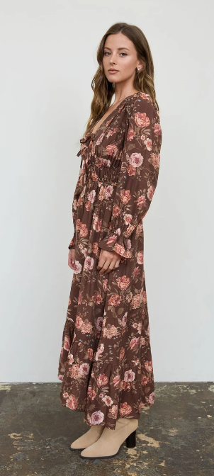 Blu Pepper Floral V-neck Long Sleeve Ruffle Trim Midi Dress