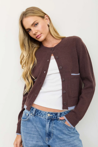 Cropped Cardigan Dark Brown with Blue Trim