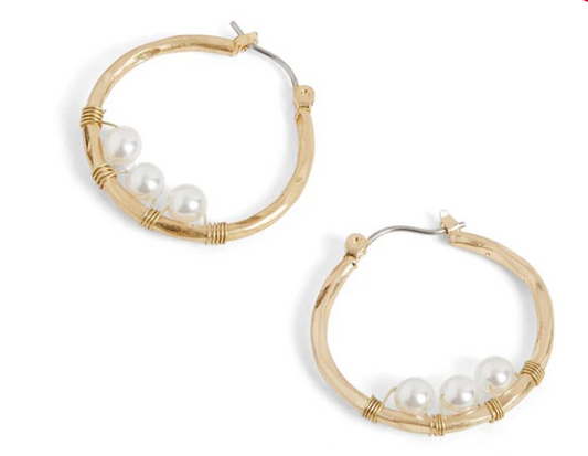 Gold Wavy Hoops With Pearls