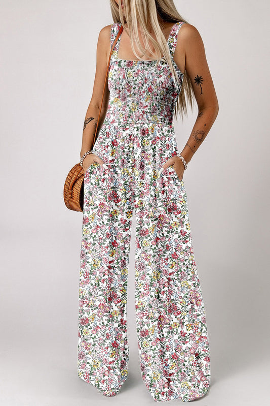 Floral Square Neckline Stretch High Waist Jumpsuit