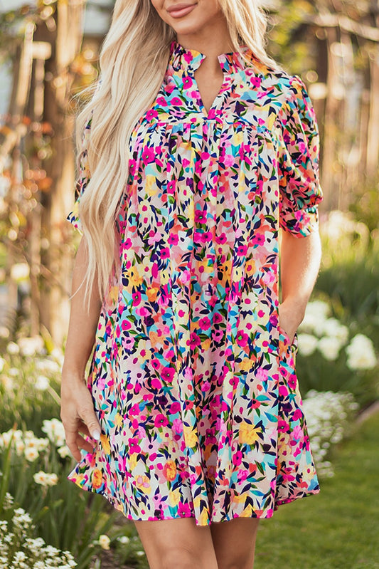 Floral Puff Short Sleeve V Neck Mini Dress
