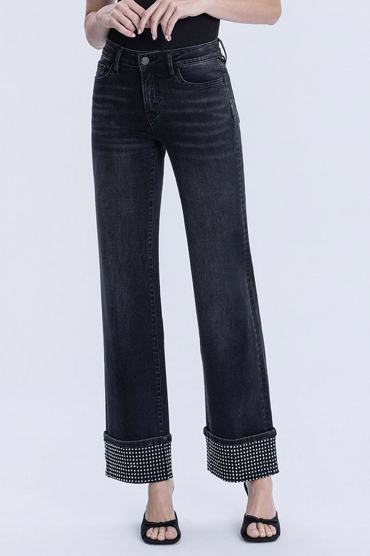 Flying Monkey Studded Cuff Wide Leg Jeans
