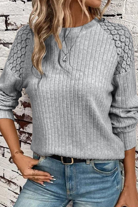 Casual Lace Ribbed Patchwork Long Sleeve Top