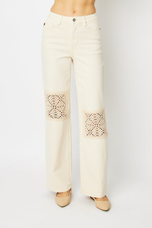 Judy Blue Crochet Patches Wide Leg Pants
