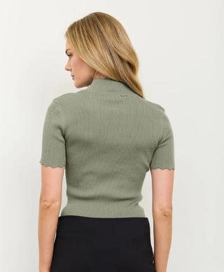 Blu Pepper Scallop Mock Neck Short Sleeve Sweater Olive