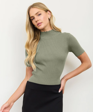 Blu Pepper Scallop Mock Neck Short Sleeve Sweater Olive