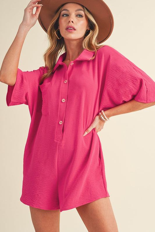 Pink Half Button Collared Loose Romper