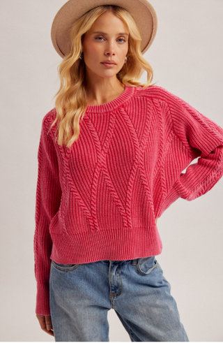 Washed Fuscia Cable Knit Sweater