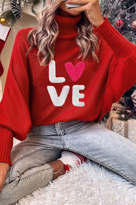 Red Fiery Embroidered High Neck Sweater