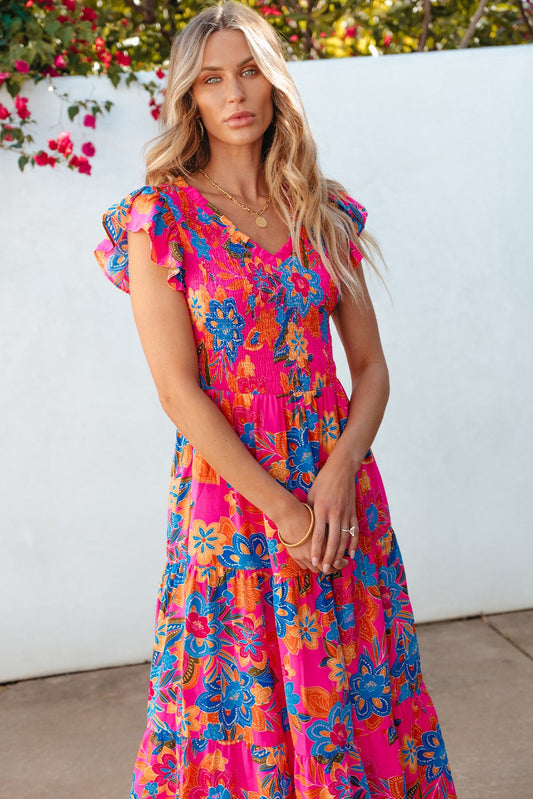 Rose Red Boho Floral V Neck Ruffle Tiered Maxi Dress