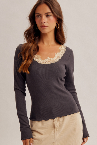 Lace Detail Neckline Long Sleeve Rib Top