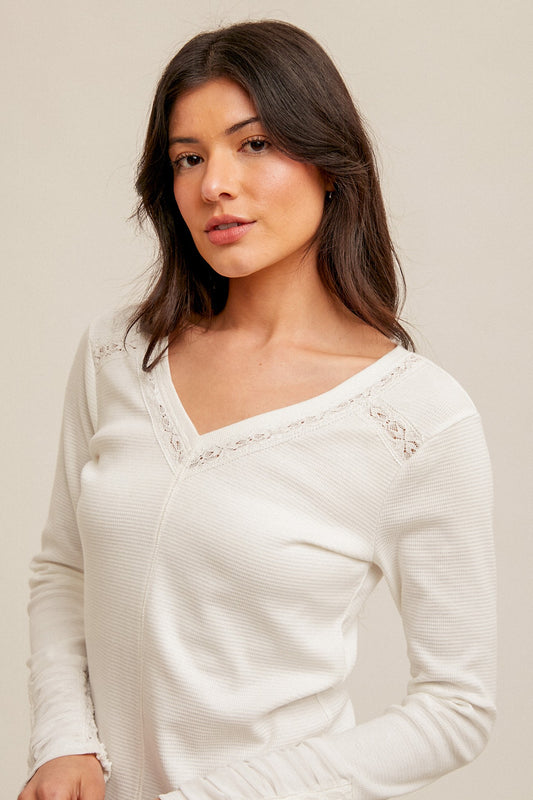 Rushed Mesh Sleeve V Neck Top