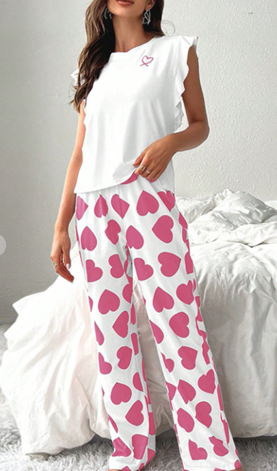 Heart Print Ruffle Valentines Pajama Set