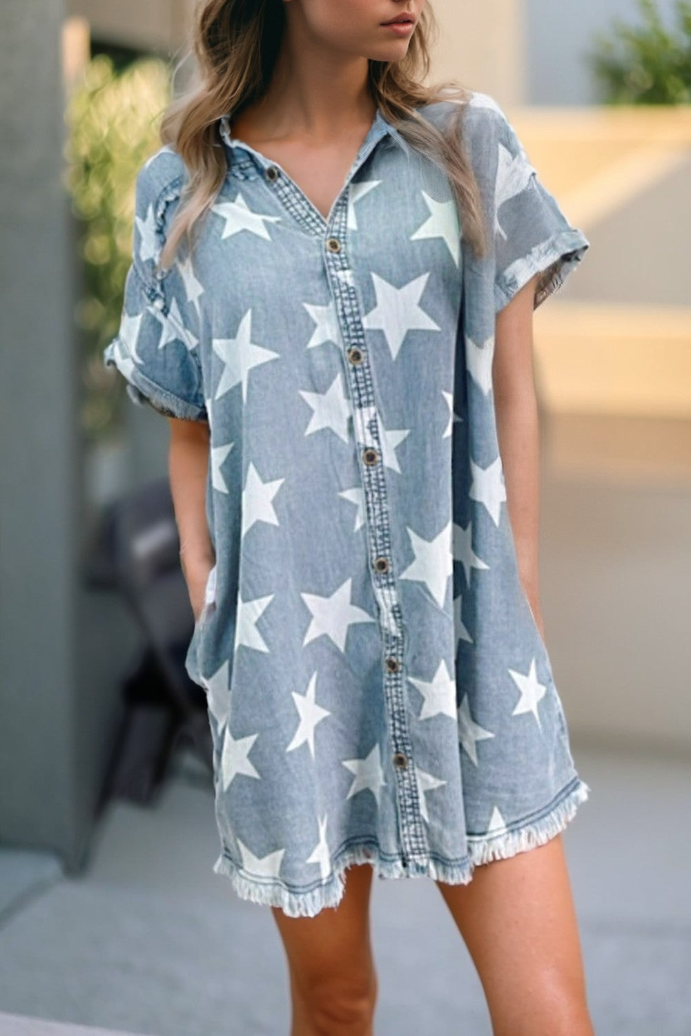 Stars Frayed Hem Collared Short Sleeve Denim Dress