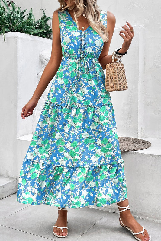 Trimmed Tie Waist Sleeveless Long Dress