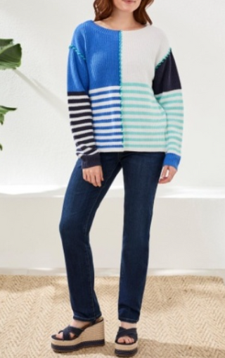 Tribal Multi Stripe Textured Boat Neck Sweater