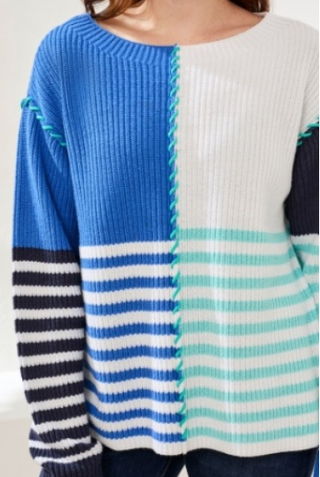 Tribal Multi Stripe Textured Boat Neck Sweater