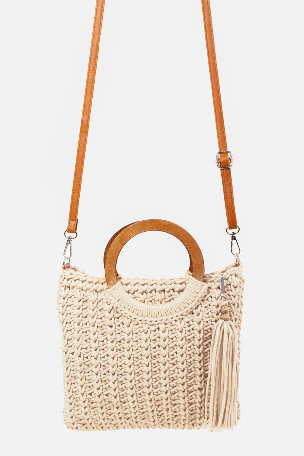 Fame Crochet Knit Convertible Tote Bag with Tassel